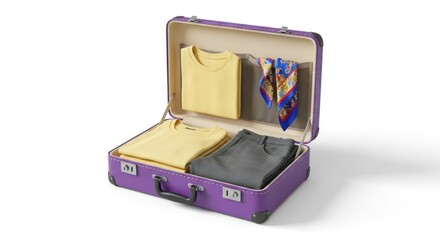 Open Purple Suitcase with Folded Clothes and a Silk Scarf on White Background