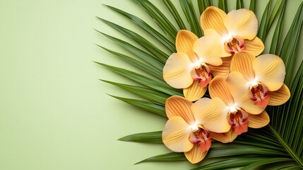 Obraz premium Orange Orchids Tropical Palm Leaf Green Background