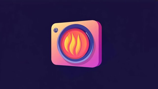 Abstract representation of a camera icon featuring vibrant flames and a gradient background