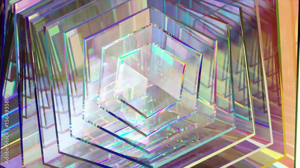 Poster hexagonal glass tunnel rotating with iridescent light, generating mesmerizing color reflections thro
