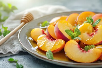 Freshly sliced peaches and nectarines. Juicy texture. Ripe peaches and nectarines cut in half. Peach background. Healthy food and seasonal fruit. Summer fruit