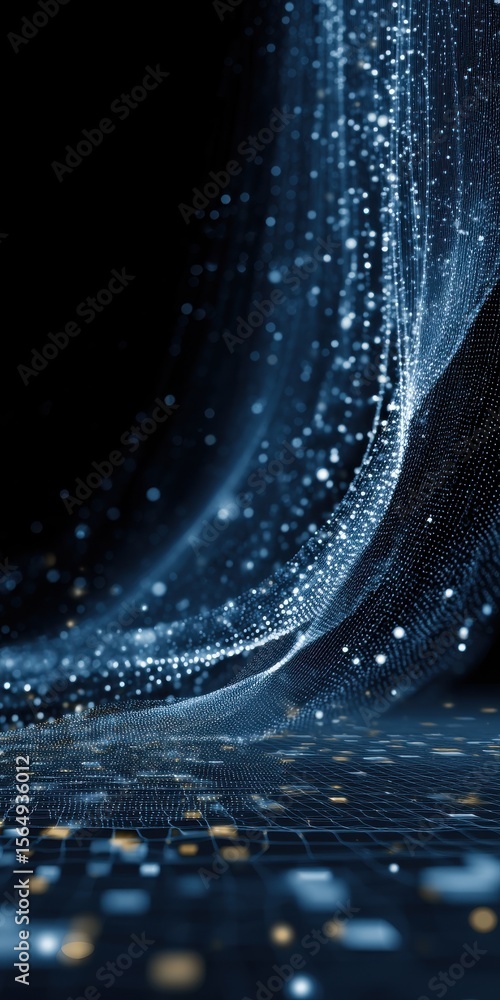 Aufkleber abstract digital blue network with glowing particles and flowing waveforms