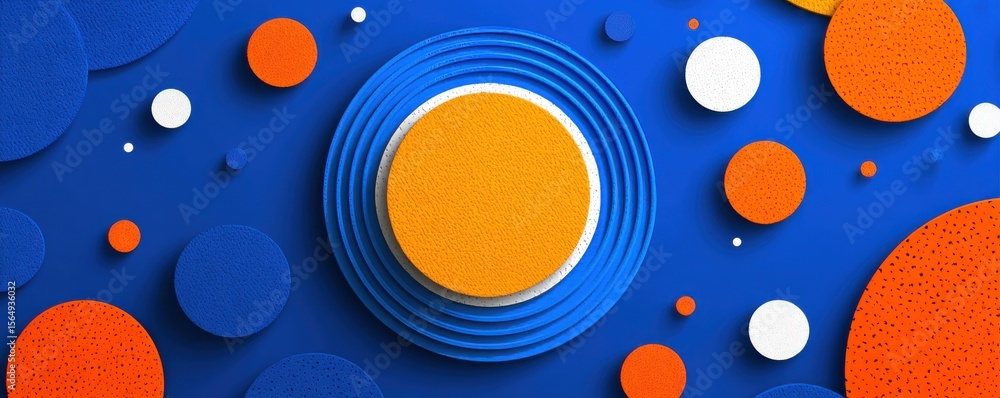 Poster vibrant geometric abstract composition featuring circular and linear textured shapes