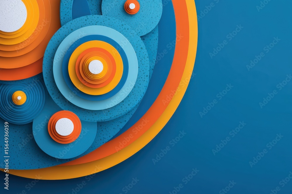Poster geometric abstract artwork with vibrant colorful circular patterns on blue background