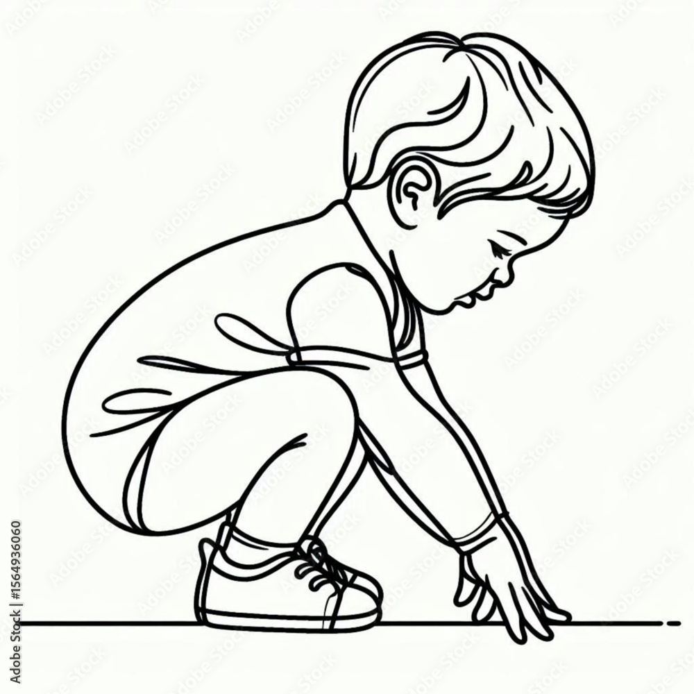 Poster child squatting down while reaching for something on the ground - concept of single line outline vec
