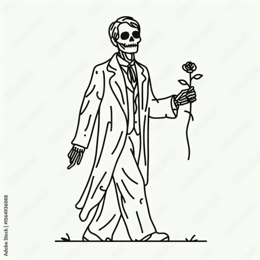 Poster skeleton man in formal attire walking while holding a rose - concept of single line outline vector