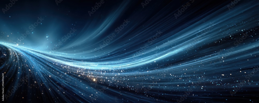 Poster abstract visualization of light beams in a cosmic tunnel with starry elements