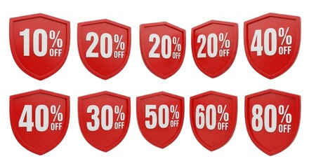 Red Shield Badges With Percentage Discount Offers on White Background