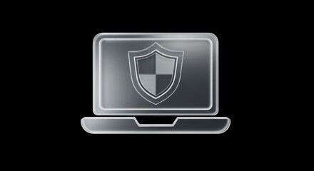 Silver Computer Icon With Shield Symbolizing Data Security and Digital Protection on Black Background