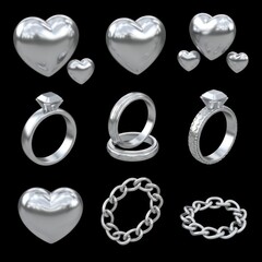 Silver Hearts and Rings Collection Against a Dark Background Studio Shot