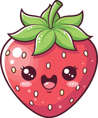 A cute strawberry cartoon character with big eyes and a happy expression