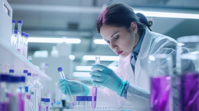 Cystic Fibrosis Awareness Week.  medical research laboratory, scientist examining test tubes and medical samples, modern scientific equipment, clean white environment