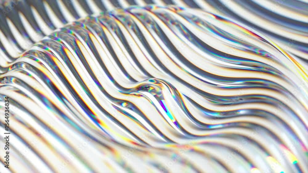 Poster smooth, reflective surface with iridescent lines creates a mesmerizing pattern, subtly undulating an