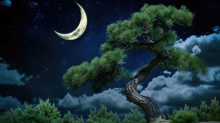 A lone pine tree with a crescent moon above highly detailed with sharp focus - generated AI