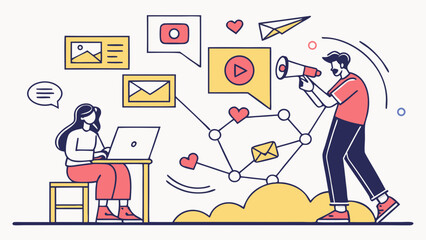 A young woman and man interact with digital media, showcasing modern communication and creativity through various channels.