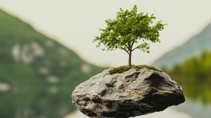A simple tree growing from a floating rock highly detailed with sharp focus - generated AI