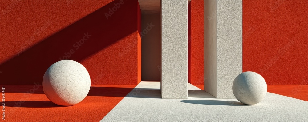 Poster minimalist modern art composition featuring marble columns and geometric shapes on red background