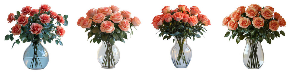 Red roses in an elegant glass vase PNG image on a transparent background