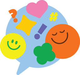 Colorful speech bubble with various symbols and emoticons. Suitable for expressing diverse emotions, digital chatting, or playful design elements.