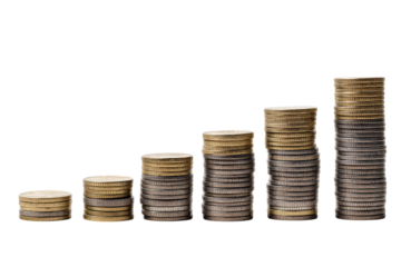 Stacked coins depicting  growing financial trend or financial gain  isolated on white background