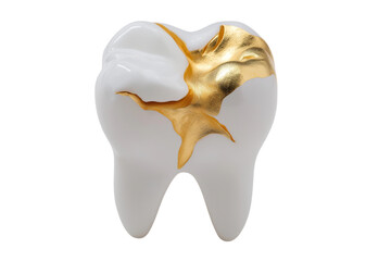 Tooth filling with golden vein for good health  isolated on white background