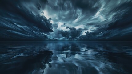 A dark lake reflecting a sky full of swirling storms highly detailed with sharp focus - generated AI