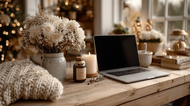 Cozy workspace with laptop flowers and christmas lights