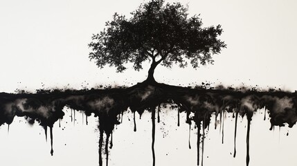 A tree with roots dripping in dark ink highly detailed with sharp focus - generated AI