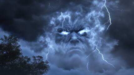 A thunderstorm forming the face of a ghostly figure highly detailed with sharp focus - generated AI