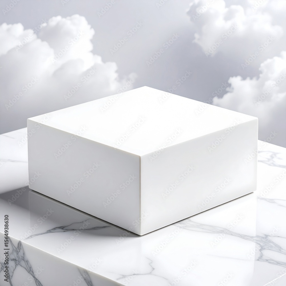 Poster white cube product display on marble platform with cloud background