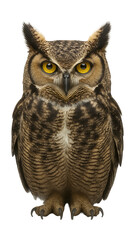 Obraz premium Great horned owl with tufted ear feathers and striking yellow eyes