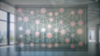 Abstract network diagram with interconnected nodes displayed on a transparent screen in a modern office setting.