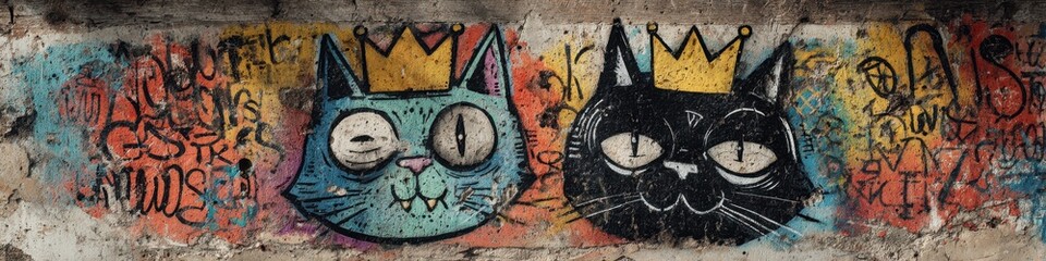 Cat And Guy. Colorful Banner Graffiti Street Art Featuring Cat Head and Funny Black Boy