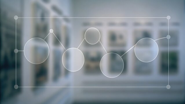A transparent flowchart with circles and connecting lines is overlaid on a blurred gallery wall background.