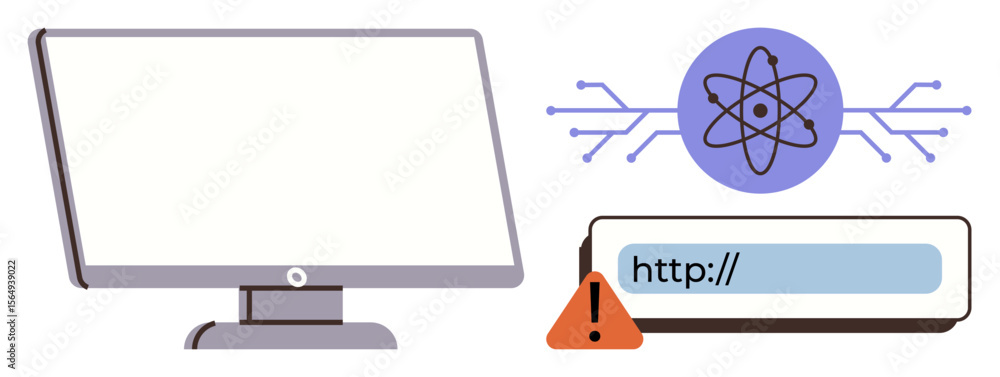 Poster computer monitor, atom icon with digital circuitry, and url bar with warning sign. ideal for technol