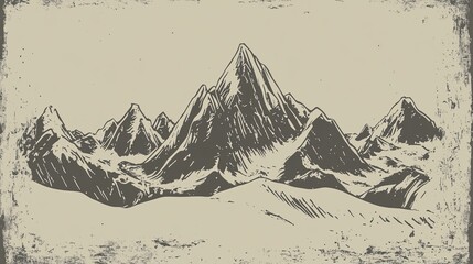 A distressed, old-school print of a mountain range highly detailed with sharp focus generated AI