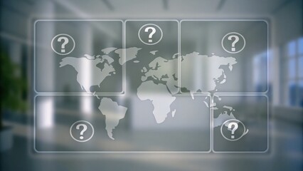 A transparent world map with question marks in each region is displayed over a blurred modern office background.