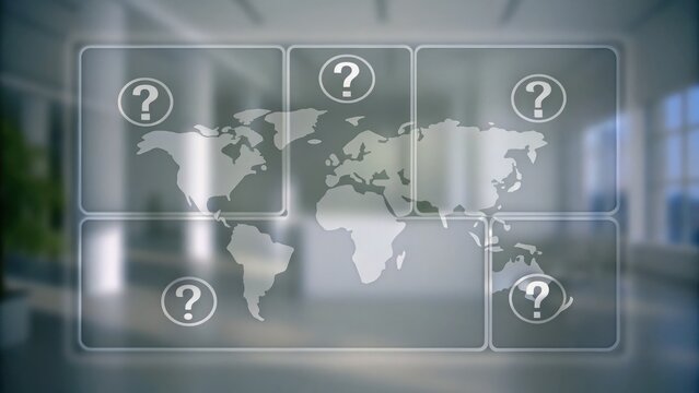 A transparent world map with question marks in each region is displayed over a blurred modern office background.