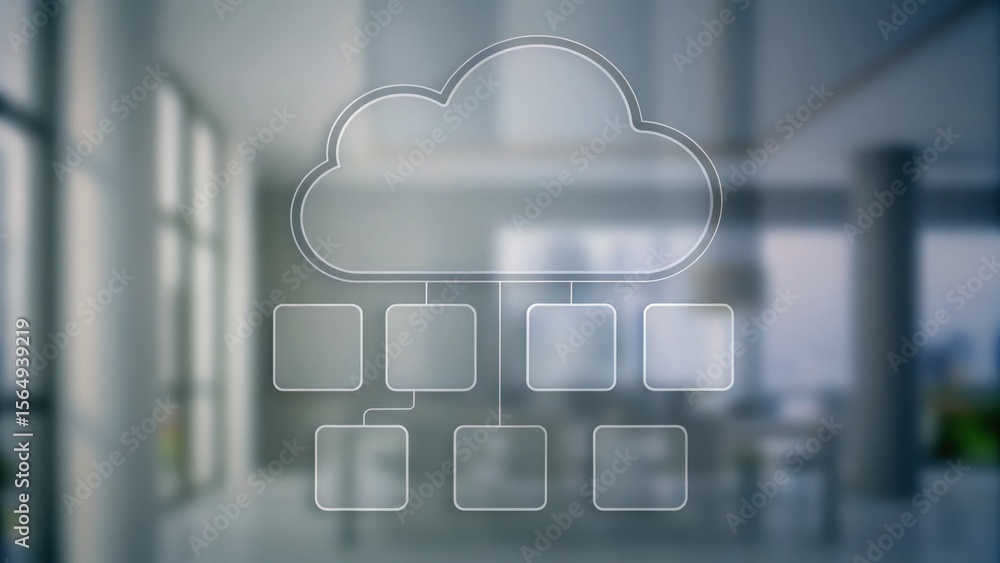 Poster a cloud computing network diagram over a blurred modern office background, representing data organiz