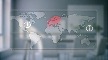 A transparent world map with Europe highlighted in red, displayed over a blurred office background with information icons.