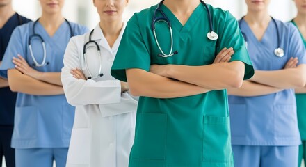A group of medical professionals standing with arms crossed, ready to assist.