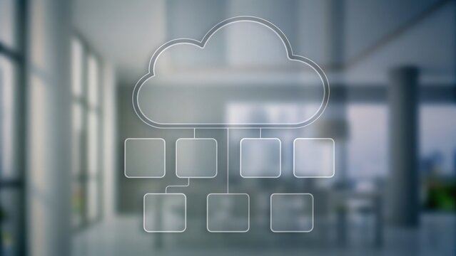 A cloud computing network diagram over a blurred modern office background, representing data organization and digital connectivity.