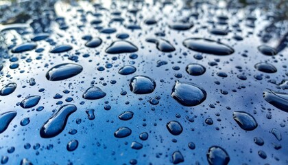 Closeup of Water Droplets on a Dark Blue Surface