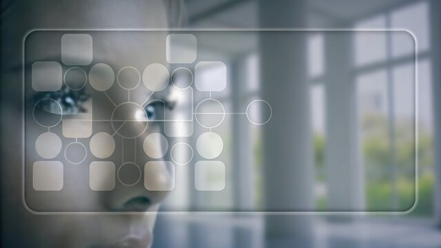 A woman's face with a transparent digital interface overlay, suggesting technology and biometric identification in a modern setting.