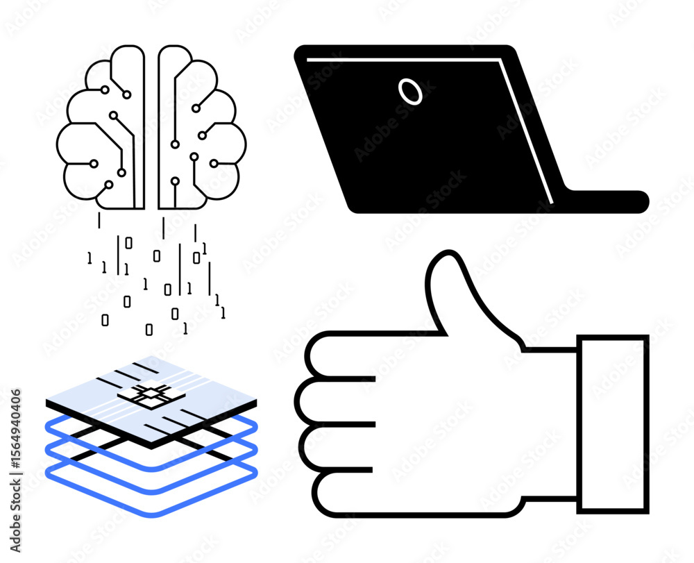 Poster abstract digital brain with binary code, layered tech concept, sleek laptop, and a thumbs-up icon. i