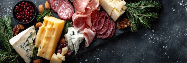Charcuterie Background. Cheese and Meat Appetizers Selection with Festive Border Banner