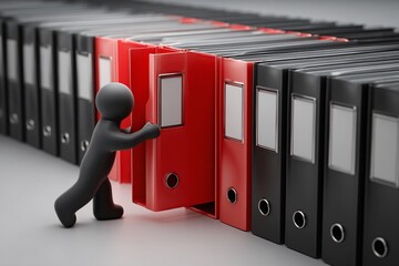 Gray Figure Pulling a Red Binder from a Row of Black File Folders