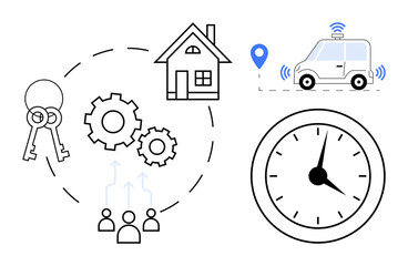 Obraz premium Keys, house, gears, clock, car with navigation pin, and people outline teamwork, automation, and efficiency. Ideal for technology smart home time management collaboration mobility innovation