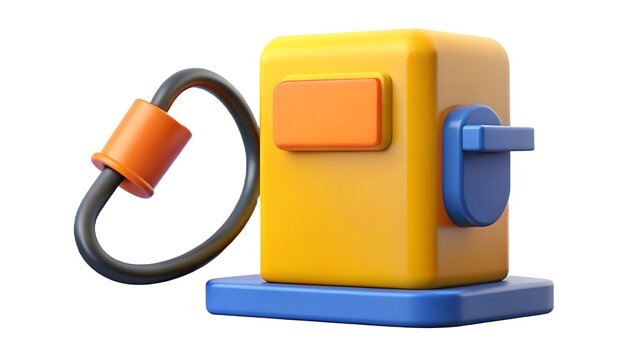 Yellow fuel dispenser with blue lever and orange button image