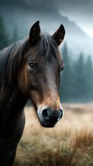 Majestic horse stands gracefully in a misty landscape surrounded by trees at dawn
